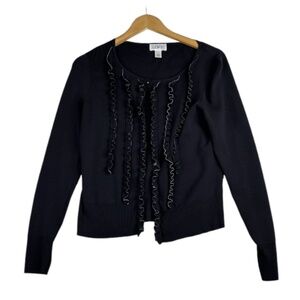 LOFT Ann Taylor‎ Black Tan Trim Cardigan Sweater Ruffle Size Medium